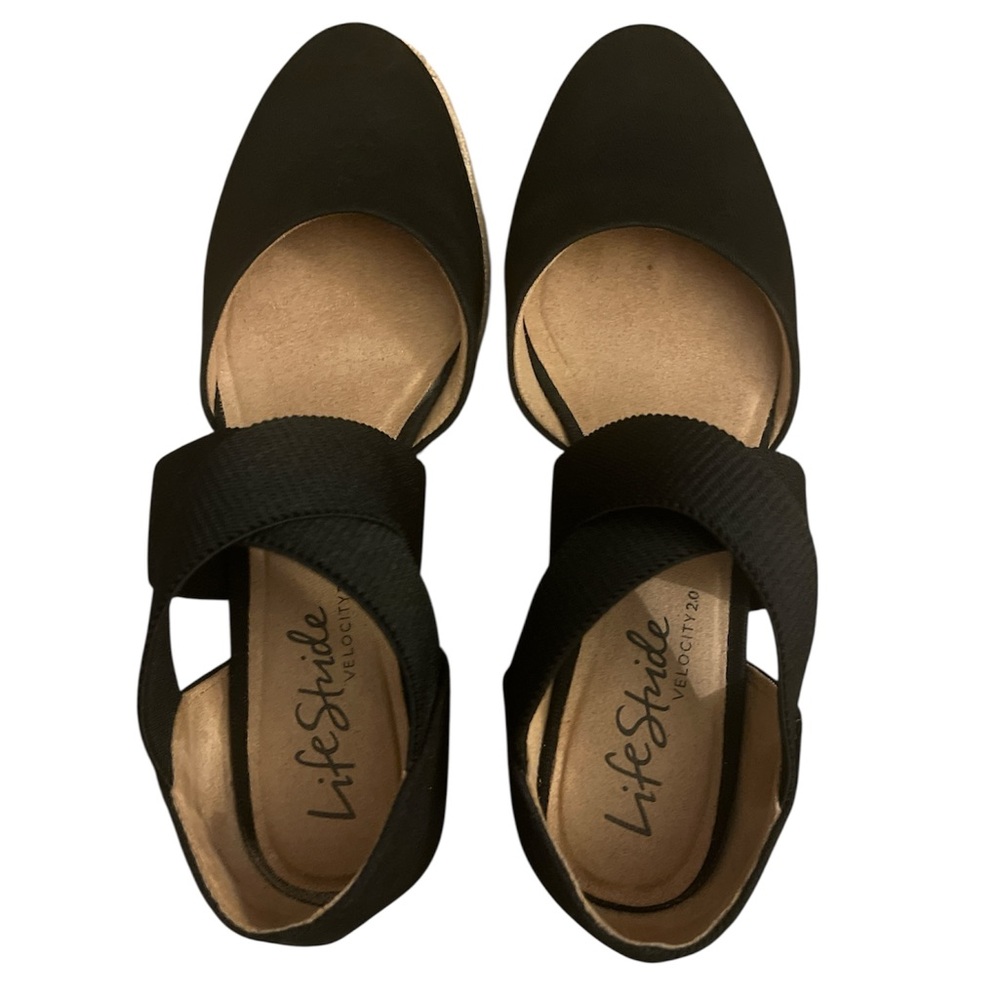 Life Stride Black and Tan Wedge Sandals Keaton espadrille size 8.